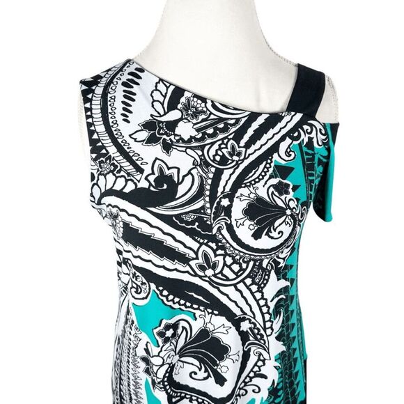 Eva Varro Teal & Black Paisley Print Tunic Top One Cold Shoulder Chic Art Size S - Picture 3 of 7